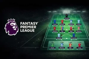 Fantasy Premier League Logo i grafika przedstawiająca zawodników wybranych do składu w grze.