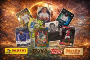 Kolekcjonerskie karty piłkarskie na efektownym, świetlistym tle z logotypami Panini, DAKA, Topps i Merlin Collections.