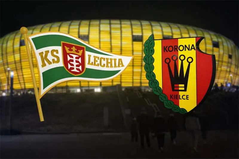 Grafika zapowiadająca mecz Lechia Gdańsk – Korona Kielce. Po lewej stronie znajduje się logo Lechii, po prawej logo Korony, oba z lekkim efektem 3D i skierowane ku środkowi. W tle widoczny jest rozmyty i lekko przyciemniony stadion Lechii Gdańsk.