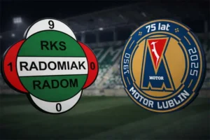 Grafika zapowiadająca mecz Radomiak Radom – Motor Lublin. Po lewej stronie znajduje się logo Radomiaka, po prawej logo Motoru, oba z lekkim efektem 3D i skierowane ku środkowi. W tle widoczny jest rozmyty i lekko przyciemniony stadion Radomiaka.