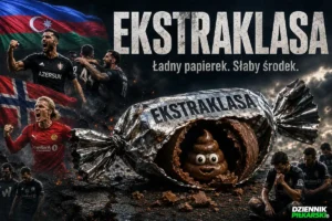 Grafika pokazująca Ekstraklasę jako ładne opakowanie i słaby środek, z flagami Azerbejdżanu i Norwegii oraz piłkarzami w tle