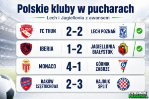 Grafika przedstawiająca wyniki polskich klubów w europejskich pucharach: FC Thun – Lech Poznań 2:2, Iberia – Jagiellonia Białystok 1:2, Monaco – Górnik Zabrze 4:1, Raków Częstochowa – Hajduk Split 2:3.