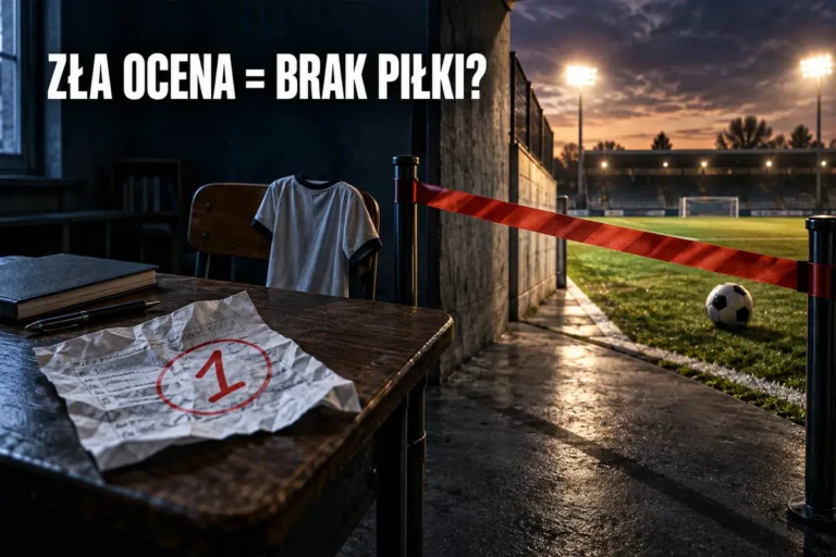 Zła ocena a zakaz treningu piłkarskiego – szkolna jedynka i boisko odgrodzone czerwoną taśmą