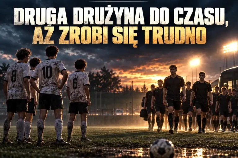 Młodzi piłkarze dwóch drużyn na boisku i napis „Druga drużyna do czasu, aż zrobi się trudno”